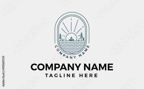 sun water and tree logo line art vector symbol illustration design, landscape symbol.