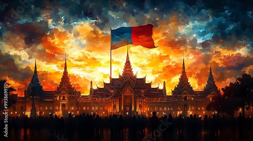 The silhouette of the Grand Palace bathed in the golden glow of sunrise, with the Thai flag softly blending into the watercolor sky behind it.