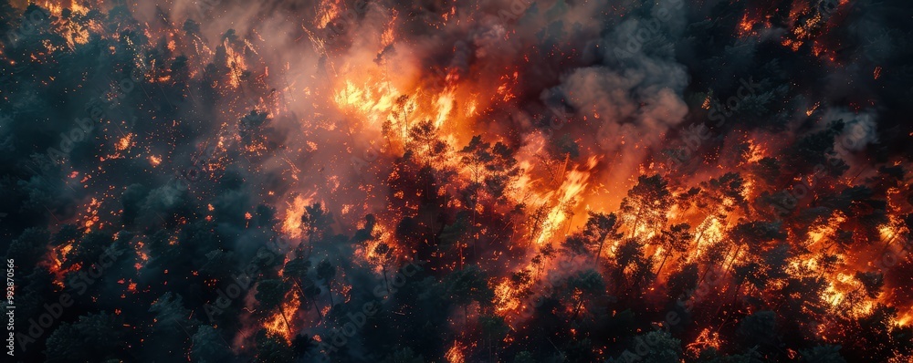An intense wildfire engulfing a forest at night, with flames and smoke spreading through the trees. Free copy space for text. An intense wildfire engulfing a forest at night, with flames and smoke spreading through the trees. Free copy space for text.