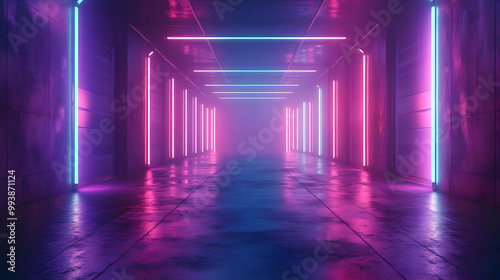 Neon Lights in a Futuristic Corridor 3D Illustration