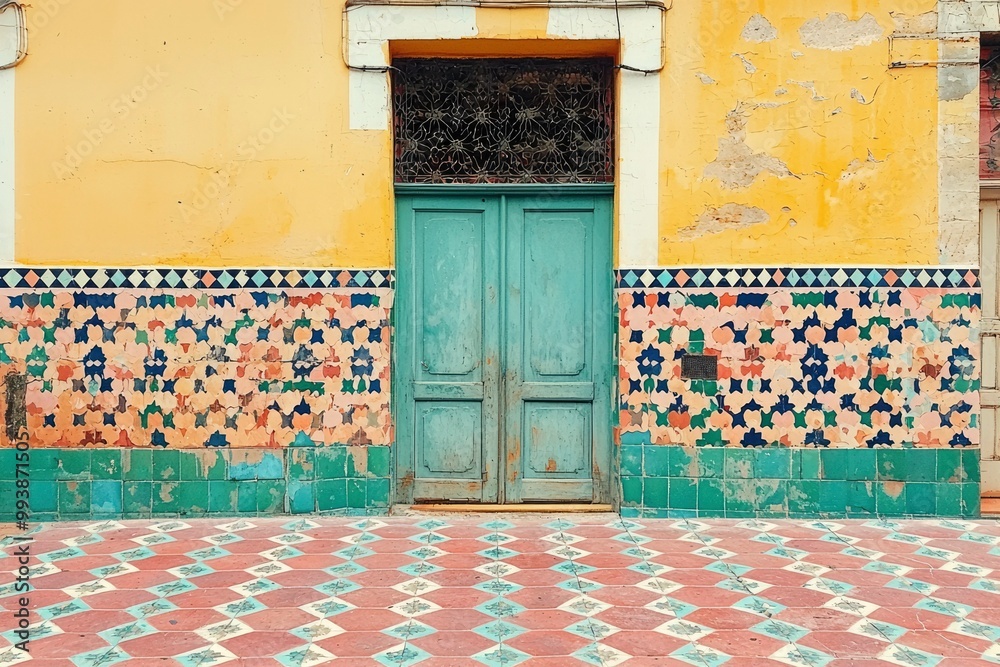 Fototapeta premium Worn Tile and Teal Doorway in a Yellow Building