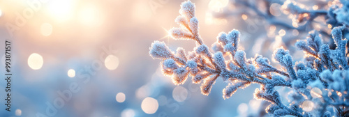 Snowy branch in sunlight as winter background