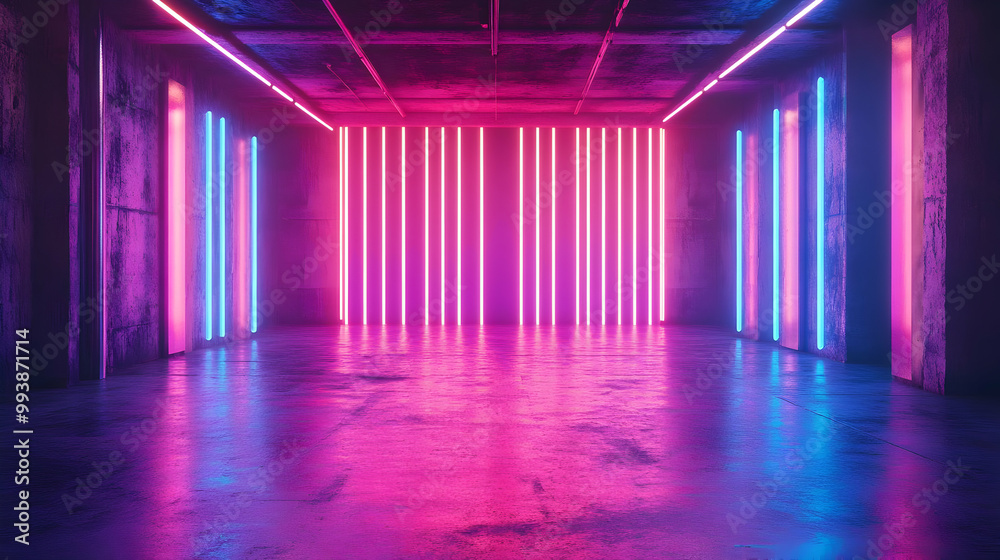 Neon Lights in a Concrete Room 3D Illustration Neon Lights in a Concrete Room 3D Illustration