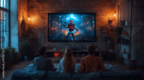 A family sitting on the couch, cheering for their team in an American football game, watching it all love and happy from home. The living room is decorated with brick walls, modern furniture