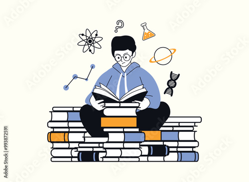 A curious young man wearing glasses sits on a pile of books, engrossed in reading. Surrounding him are symbols of science and knowledge, such as an atom, a flask, a planet, and a DNA strand.