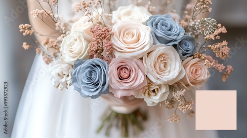 Elegant wedding bouquet with blush, cream, and blue roses.