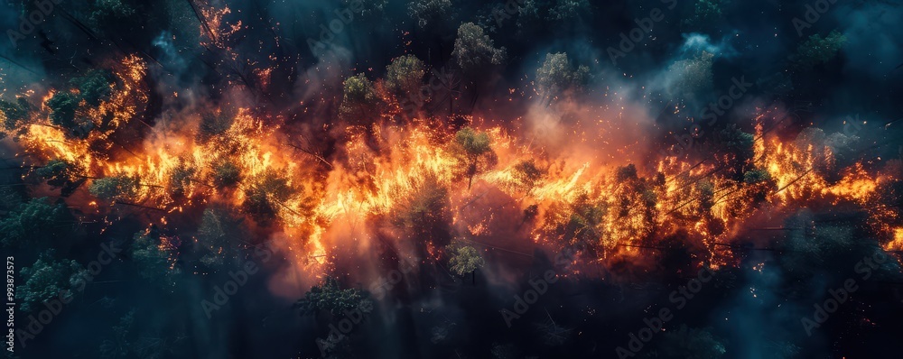 An intense wildfire engulfing a forest at night, with flames and smoke spreading through the trees. Free copy space for text. An intense wildfire engulfing a forest at night, with flames and smoke spreading through the trees. Free copy space for text.
