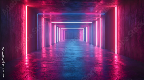 Neon Lights in a Concrete Tunnel 3D Illustration