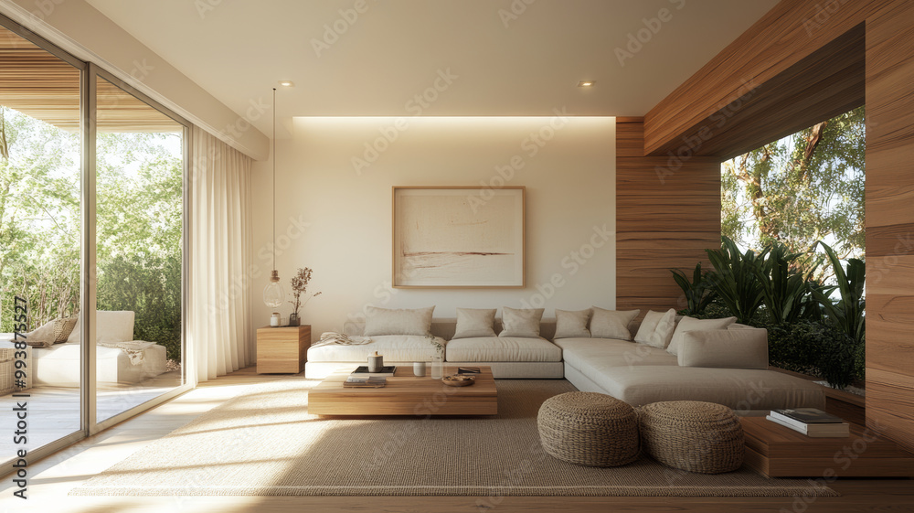A serene and modern living room featuring spacious sectional sofa, wooden accents, and natural light streaming in. design emphasizes comfort and tranquility, perfect for relaxation A serene and modern living room featuring spacious sectional sofa, wooden accents, and natural light streaming in. design emphasizes comfort and tranquility, perfect for relaxation