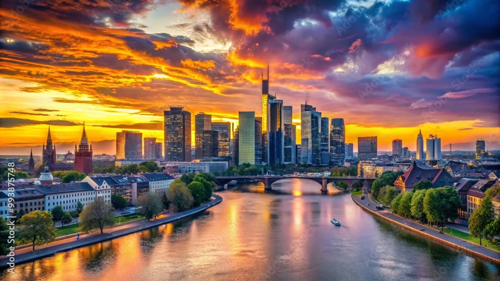 Fototapeta premium Breathtaking Sunset Over Frankfurt Cityscape with Colorful Skies and Silhouetted Skyline Features
