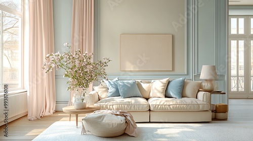 Taupe, baby blue, and blush pink create a soft, serene color scheme for relaxing, intimate spaces