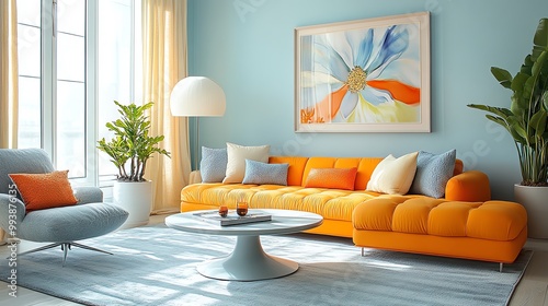 Wallpaper Mural Minimalist living room decor with orange and blue accents. Torontodigital.ca