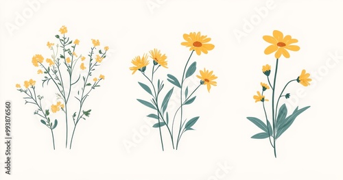 Three frame art featuring simple plants and flowers in yellow and teal on a white background