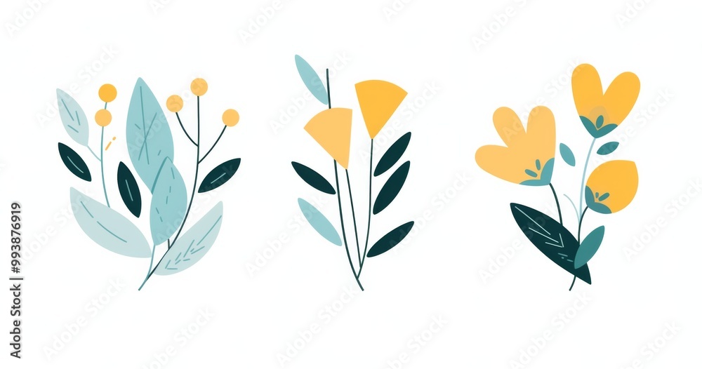 Three frame art featuring simple plants and flowers in yellow and teal on a white background Three frame art featuring simple plants and flowers in yellow and teal on a white background