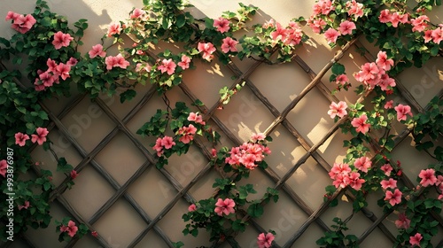 Blooming Pink Roses Climbing on Wooden Trellis in Lush Garden photo