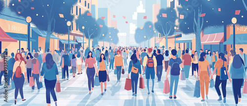 Shopping mayhem with flat design tiny people.