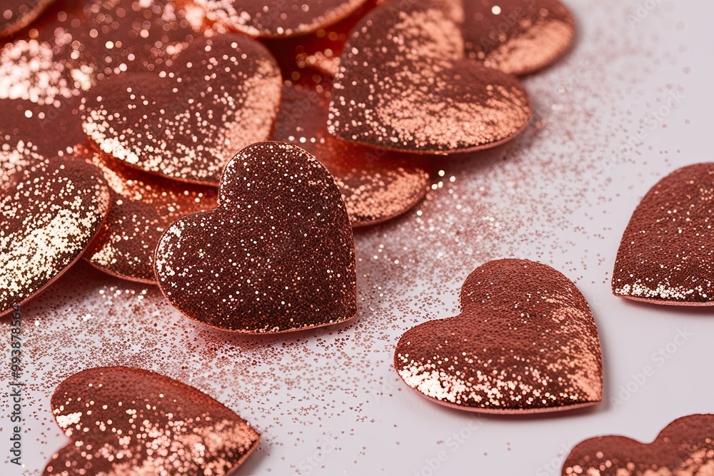 Rose Gold Glitter Heart Confetti Texture with Metallic Dust Shimmer Rose Gold Glitter Heart Confetti Texture with Metallic Dust Shimmer