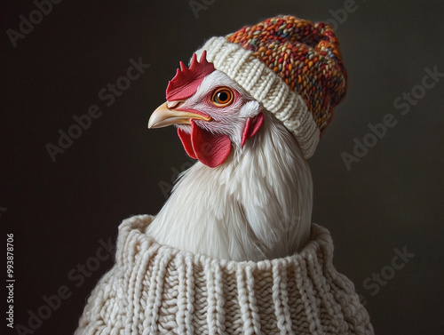 A hyper-realistic AI-generated portrait of a hen wearing a cozy, colorful knitted sweater and a patterned wool hat.