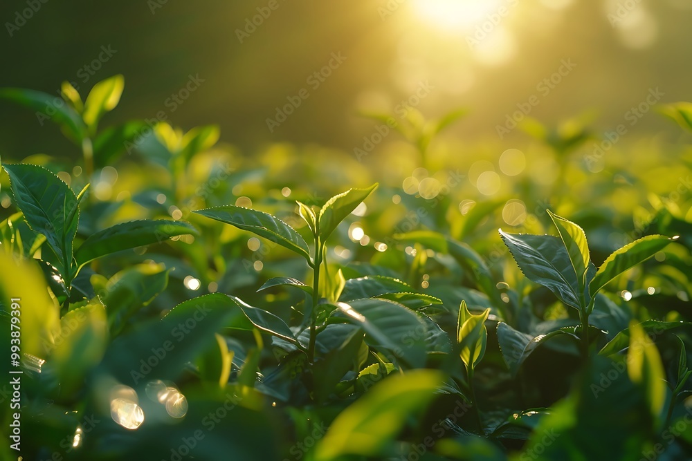 Sprouts of green tea plantation at sunrise Sprouts of green tea plantation at sunrise
