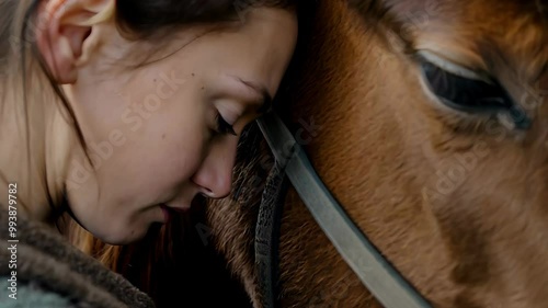 Young woman bonding with horse for tranquil connection and emotional support in serene rural setting, 4k footage