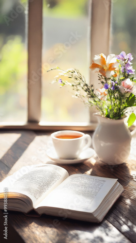 A cozy scene featuring an open book, cup of tea, and vase of colorful flowers by sunlit window. This tranquil setting invites relaxation and reflection