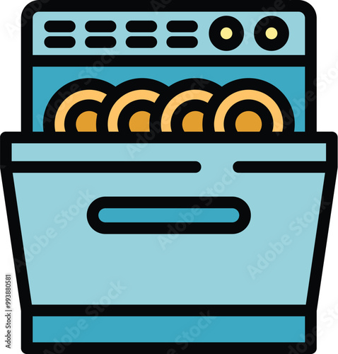 This icon features a dishwasher running a cycle with clean dishes inside, perfect for representing kitchen appliances