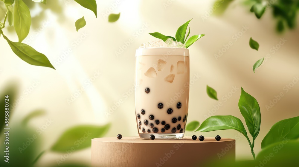 Bubble milk tea advertisement with leaves elements on summer background,Bubble milk tea ads with pouring milk,delicious tapioca,3d illustration,menu restaurant poster. Bubble milk tea advertisement with leaves elements on summer background,Bubble milk tea ads with pouring milk,delicious tapioca,3d illustration,menu restaurant poster.