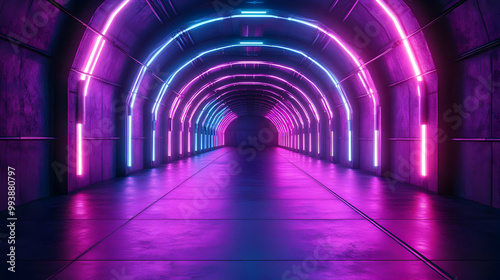 Neon Lights in an Arched Tunnel - 3D Illustration