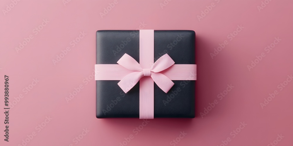 A stylish black gift box with a pink ribbon on a soft pink background, perfect for celebrations or special occasions. A stylish black gift box with a pink ribbon on a soft pink background, perfect for celebrations or special occasions.