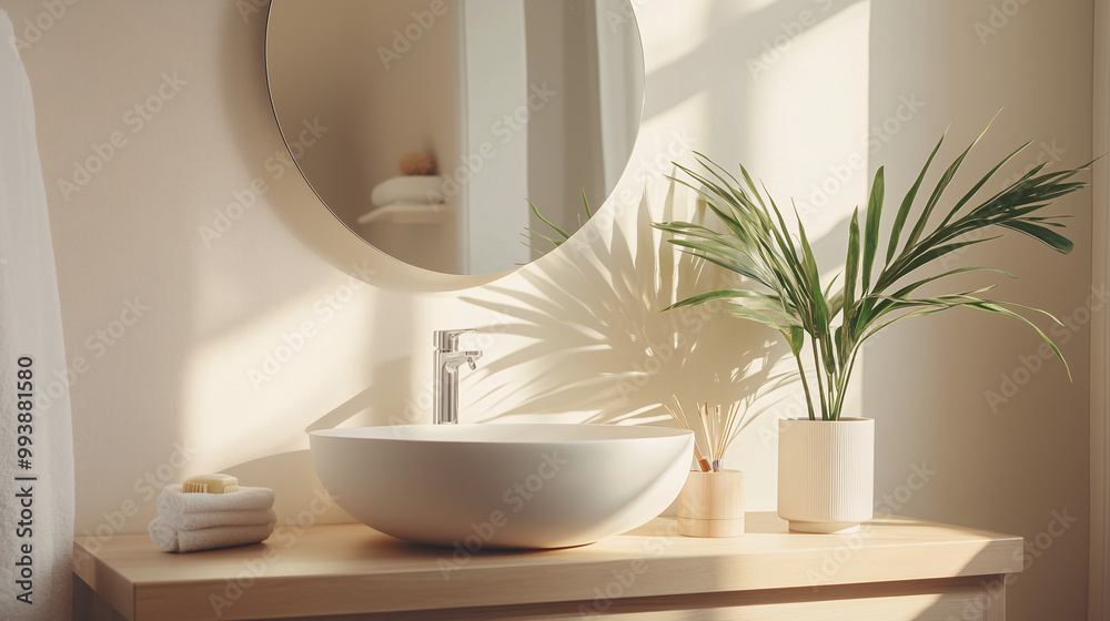 Minimalist bathroom vanity with a round mirror, single potted plant, and white sink in a bright, neutral-toned space Minimalist bathroom vanity with a round mirror, single potted plant, and white sink in a bright, neutral-toned space