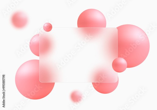 Glass morphism style website landing page template. White color template. Horizontal presentation screen with glass overlay effect on gradient spheres.