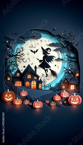 Halloween illustration with pumpkins, witch and bats in paper design, generative ai