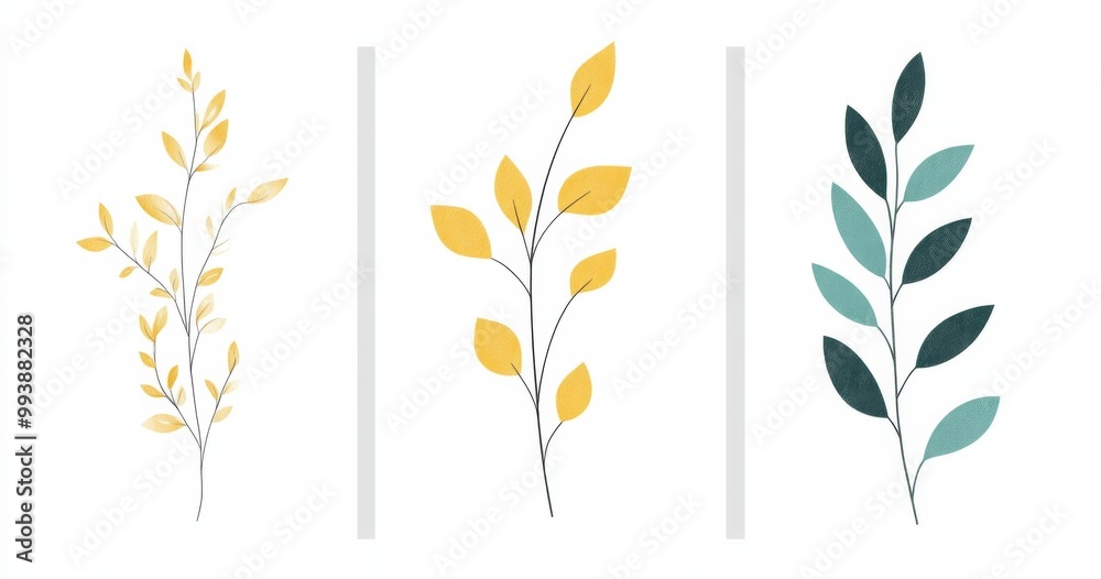 3 frame art featuring yellow, teal, and green simple botanical illustrations on a white background. 3 frame art featuring yellow, teal, and green simple botanical illustrations on a white background.