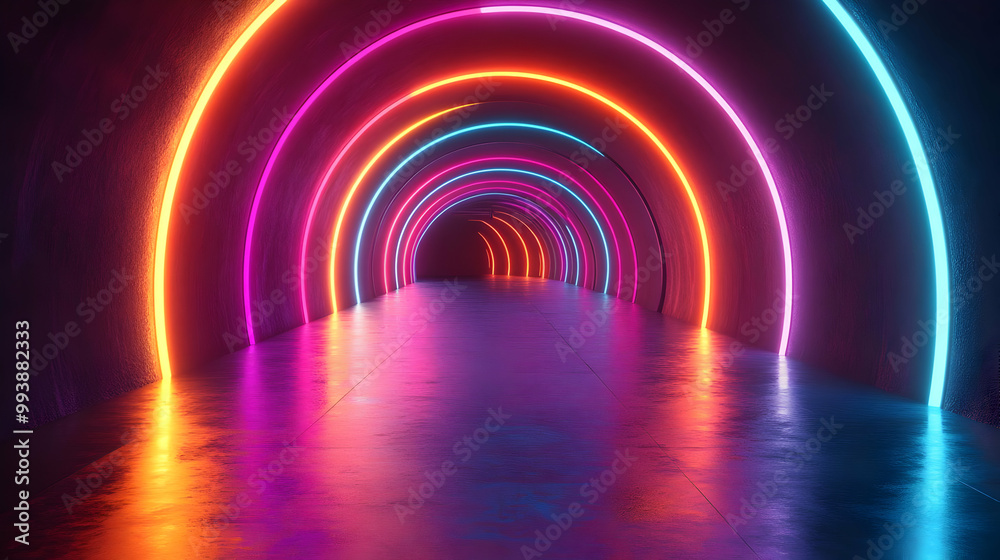 Neon Circle Tunnel 3D Illustration