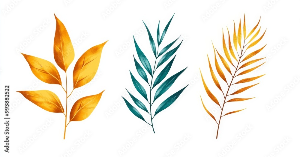 3 frame art featuring yellow, teal, and green simple botanical illustrations on a white background. 3 frame art featuring yellow, teal, and green simple botanical illustrations on a white background.