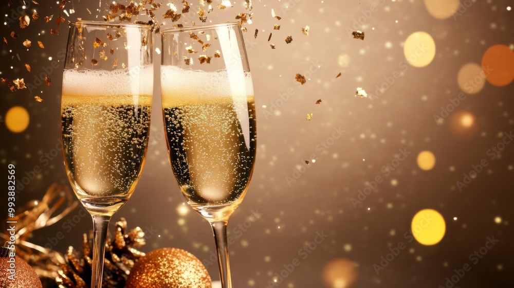 A pair of champagne flutes clinking together in a celebratory toast, with sparkling champagne inside and golden bubbles rising to the top, surrounded by festive decorations. A pair of champagne flutes clinking together in a celebratory toast, with sparkling champagne inside and golden bubbles rising to the top, surrounded by festive decorations.
