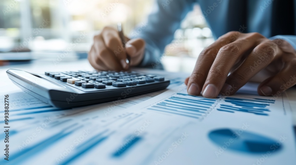 A person hand typing on a calculator while reviewing investment documents, with a focused expression, showcasing the importance of accurate calculations in finance. A person hand typing on a calculator while reviewing investment documents, with a focused expression, showcasing the importance of accurate calculations in finance.