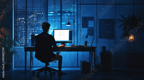 A person working late at night in dimly lit office, illuminated by glow of computer screen. urban skyline is visible through window, creating serene yet focused atmosphere