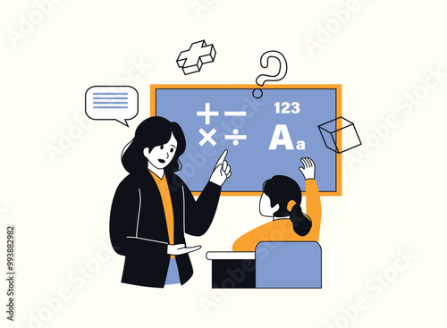 A teacher is pointing at a chalkboard with mathematical symbols and letters, explaining a lesson to a student who has raised their hand. The image conveys a sense of learning, engagement, and curiosit