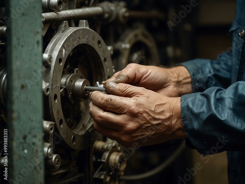 Mechanic’s hands, greasy and skilled, repairing complex machinery, showcasing dedication.