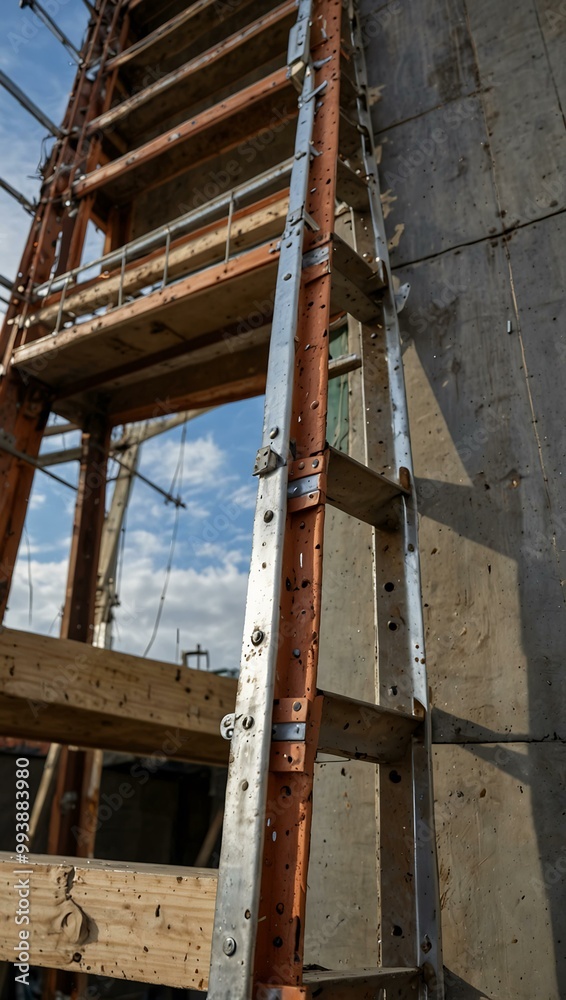 Metal ladder at a construction site with scaffolding in the background. Metal ladder at a construction site with scaffolding in the background.