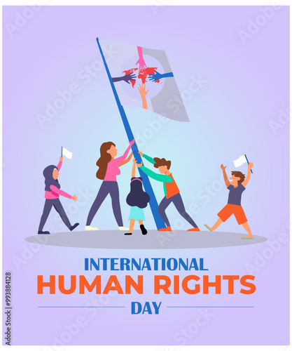 International Human Rights Day poster design, social media post design,  various people holding a flag with the world's rights symbol.