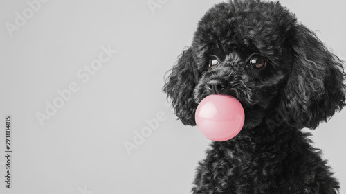 Black poodle holding a pink ball in its mouth against a white background.