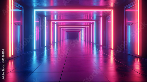 Neon Lights Corridor 3D Illustration