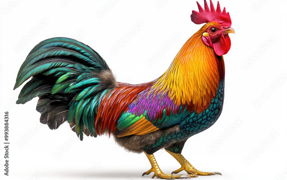 Fototapeta premium Colorful rooster standing, white isolate background.
