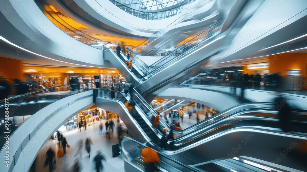 Obraz premium People customer transport on escalator at urban shopping mall, Department store business, financial economy,city life, tourist traveler lifestyle,Motion blur,copy space.