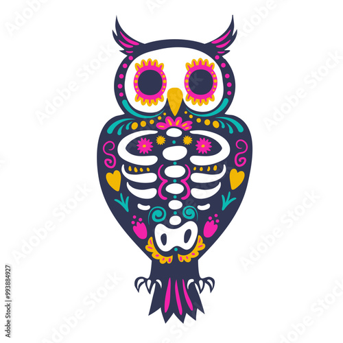 Owl skeleton decorated with flowers and decorative elements, front view. Festive animal for the Mexican day of the dead,  Dia de los Muertos.