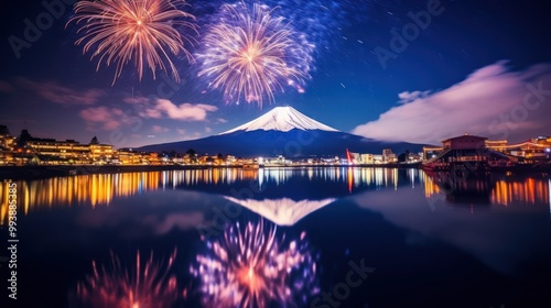 Mount Fuji Fireworks Display with Reflections photo