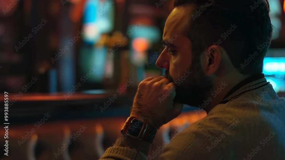 Pensive man sitting alone in dimly lit bar reflecting at night, 4k footage Pensive man sitting alone in dimly lit bar reflecting at night, 4k footage