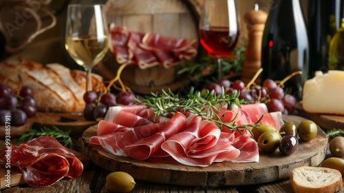 Exquisite italian charcuterie board with prosciutto and wine in a rustic kitchen setting photo
